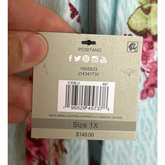 John Mark 1X blue Linen Floral Print Embroidered Beaded Split V-Neck Tunic new - Picture 6 of 7